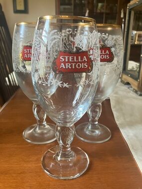 3 Stella Artois stemmed gold rim chalice beer glass water series